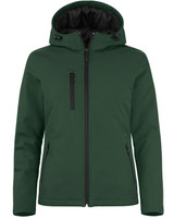 A green softshell jacket featuring a hood, zippered front, and multiple zippered pockets. It has a branding logo. A green softshell jacket featuring a hood, zippered front, and multiple zippered pockets. It has a branding logo.