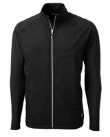 A black full zip jacket with long sleeves and a sleek design, featuring a logo on the front.