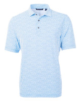 A blue botanical print polo shirt featuring a collar and three buttons, designed for men's wear. A blue botanical print polo shirt featuring a collar and three buttons, designed for men's wear.
