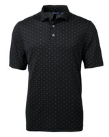 A black polo shirt featuring a tile print design, with a collar and three-button placket. It has a logo on the chest. A black polo shirt featuring a tile print design, with a collar and three-button placket. It has a logo on the chest.