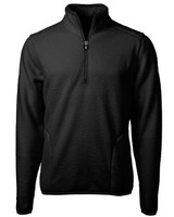 A black half-zip jacket with a textured surface and side pockets. Features a branding logo on the chest. A black half-zip jacket with a textured surface and side pockets. Features a branding logo on the chest.