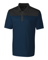Men's polo shirt featuring a navy blue and black colourblock design, with a collared neckline and three-button front. Men's polo shirt featuring a navy blue and black colourblock design, with a collared neckline and three-button front.