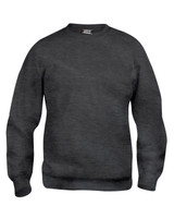A grey crewneck sweatshirt with ribbed cuffs and hem, featuring a logo on the inside label. A grey crewneck sweatshirt with ribbed cuffs and hem, featuring a logo on the inside label.