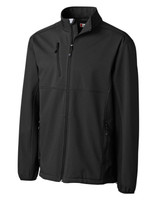 A black softshell jacket with a collar, featuring zippered pockets and a logo. A black softshell jacket with a collar, featuring zippered pockets and a logo.