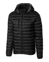 A black men's puffer jacket with a full zip and hood, featuring a sleek, quilted design and a zipped chest pocket.