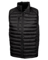 A black puffer vest with a zip front and high collar, featuring a logo on the chest. A black puffer vest with a zip front and high collar, featuring a logo on the chest.