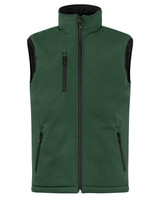A green men's softshell vest with a zip front and two side pockets, featuring a black interior.