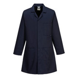 A navy blue coat with a collar, long sleeves, and multiple front pockets. It features a branding logo.