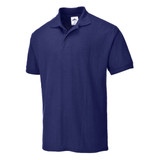 A navy blue polo shirt with a collar and three-button placket; features a logo on the chest.