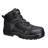 A black mid boot with a sturdy design, featuring lace-up closure and a textured upper. Includes a logo on the side.