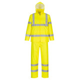 A bright yellow packaway rain suit with reflective stripes, including a hood and matching trousers.