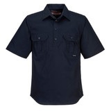A lightweight short-sleeve, button-up shirt in navy blue, featuring two chest pockets and a logo.