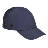 A navy blue bump cap with ventilation eyelets and a curved brim, featuring a logo on the side.