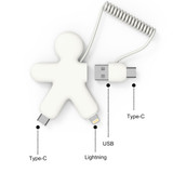 A white, figurine-shaped charging cable with Type-C, USB, and Lightning connectors, made from recycled plastic. A white, figurine-shaped charging cable with Type-C, USB, and Lightning connectors, made from recycled plastic.