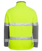 A high-visibility softshell jacket in bright yellow with grey sleeves and reflective strips on the back. A high-visibility softshell jacket in bright yellow with grey sleeves and reflective strips on the back.