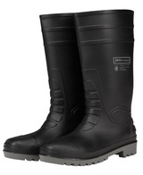 Black rubber boots with grey soles, featuring a logo on the side. Designed for durability and practicality. Black rubber boots with grey soles, featuring a logo on the side. Designed for durability and practicality.