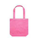 A pink tote bag with two handles and a square base. The bag has a simple design and includes a logo.