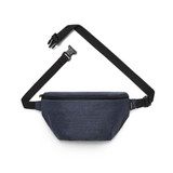 A waist bag in navy blue with a black adjustable strap and zip closure. It features a logo on the front.
