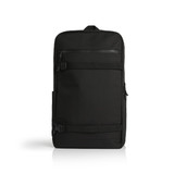 A black recycled strap backpack with multiple zippered compartments and a logo.