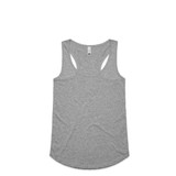 A grey racerback singlet featuring a rounded hem and a logo on the label. A grey racerback singlet featuring a rounded hem and a logo on the label.
