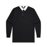 A long-sleeve black rugby jersey with a white collar and a front zip. It features a logo on the chest.