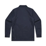A navy work jacket with a collar, long sleeves, and buttoned cuffs, featuring a logo on the back.