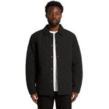 A black quilted jacket with a button-up front and a collar, featuring a logo. A black quilted jacket with a button-up front and a collar, featuring a logo.