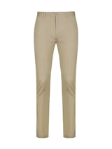 Light beige men's chino pants with a tailored fit and a logo on the waistband. Light beige men's chino pants with a tailored fit and a logo on the waistband.