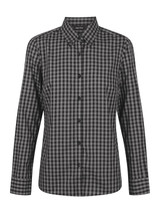 A black and grey checkered button-up long sleeve shirt with a collar and a central button placket. A black and grey checkered button-up long sleeve shirt with a collar and a central button placket.
