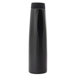 A drink bottle with a sleek, black design, featuring a tapered shape and a lid. It has a logo on the side. A drink bottle with a sleek, black design, featuring a tapered shape and a lid. It has a logo on the side.