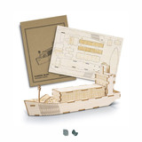 A wooden model of a cargo ship in a light brown colour, accompanied by an assembly booklet. A wooden model of a cargo ship in a light brown colour, accompanied by an assembly booklet.