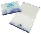 A notepad featuring a hard cover with a blue and white design, containing 50 blank leaves and a logo.