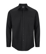 A black button-up shirt with a pocket, featuring a classic collar and long sleeves. It has a logo on the breast pocket.