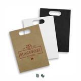 Three large die cut paper bags in brown, white, and black, featuring a logo on the front. Three large die cut paper bags in brown, white, and black, featuring a logo on the front.