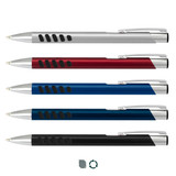 A set of metal pens in silver, red, blue, dark blue, and black, featuring a logo.