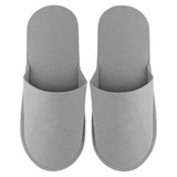 A pair of grey felt slippers with an open design, featuring a simple, minimalist style.