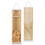 A wooden wine gift box with a rope handle, featuring shredded straw fill inside. The box is light in colour. A wooden wine gift box with a rope handle, featuring shredded straw fill inside. The box is light in colour.
