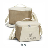 A jute cooler bag featuring a natural brown and cream colour scheme, with a shoulder strap and a logo on the front. A jute cooler bag featuring a natural brown and cream colour scheme, with a shoulder strap and a logo on the front.