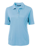 A light blue ladies polo shirt with a collar, short sleeves, and a buttoned placket. It features a logo. A light blue ladies polo shirt with a collar, short sleeves, and a buttoned placket. It features a logo.