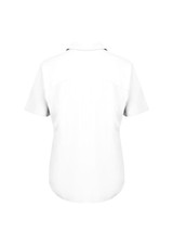 A short-sleeved white blouse with a collar and a curved hem. The back features a simple design and a logo.