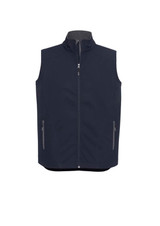 A men's vest in navy featuring a zip front, high collar, and zippered side pockets. It has a branding logo. A men's vest in navy featuring a zip front, high collar, and zippered side pockets. It has a branding logo.