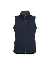 A navy women's vest with a zip front, featuring a high collar and side pockets. It has a logo on it. A navy women's vest with a zip front, featuring a high collar and side pockets. It has a logo on it.