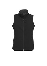 A black women's vest featuring a zip front and two side pockets, with a collar and a logo. A black women's vest featuring a zip front and two side pockets, with a collar and a logo.