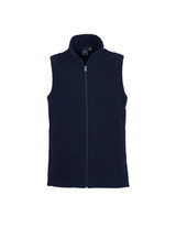 A plain navy micro fleece vest with a high collar and a zip closure, featuring a logo. A plain navy micro fleece vest with a high collar and a zip closure, featuring a logo.