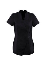 A black spa women's tunic with a modern, short sleeve design and a crossover front. Features a side split and a logo. A black spa women's tunic with a modern, short sleeve design and a crossover front. Features a side split and a logo.