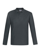 A long sleeve polo shirt in dark green, featuring a classic collar and a logo on the chest. A long sleeve polo shirt in dark green, featuring a classic collar and a logo on the chest.