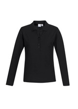 A black long sleeve polo shirt featuring a buttoned placket and a logo on the label. A black long sleeve polo shirt featuring a buttoned placket and a logo on the label.