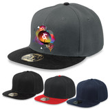 A grey cap with a black peak and a colourful geometric design, accompanied by options in black, dark green, and red. A grey cap with a black peak and a colourful geometric design, accompanied by options in black, dark green, and red.