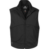A black men's vest with a high collar, featuring a zip front and pockets, also has a logo. A black men's vest with a high collar, featuring a zip front and pockets, also has a logo.