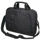 A black business satchel with dual handles, a detachable shoulder strap, and zippered pockets. It features a logo. A black business satchel with dual handles, a detachable shoulder strap, and zippered pockets. It features a logo.